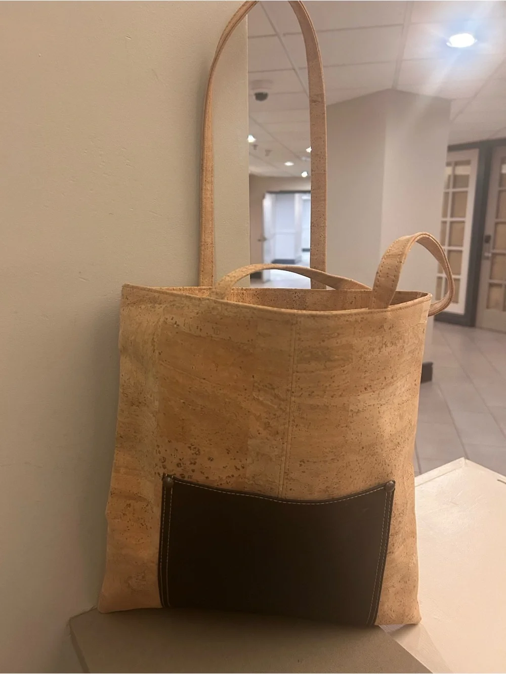 Bag Natural Cork Tote w/Black Front Pocket -Sustainable Everyday CarryA1 shape